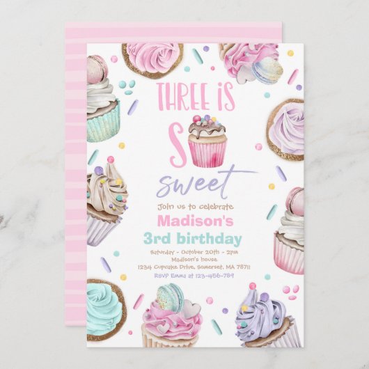 Cupcake 3rd Birthday party Drie is zo mooi Snoep Kaart (Voorkant / Achterkant)