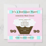 Cupcake 90th Birthday Party Invitation 90 Cupcake<br><div class="desc">Cette grande invitation à la fête du 90e anniversaire présente un cupcake avec un arrière - plan rose aux accents d'aqua et de blanc.  Tous vos détails d'invitation importants sont à l'intérieur du cupcake pour une amusante invitation de 90e anniversaire.  Copyright henishouseofpaper</div>