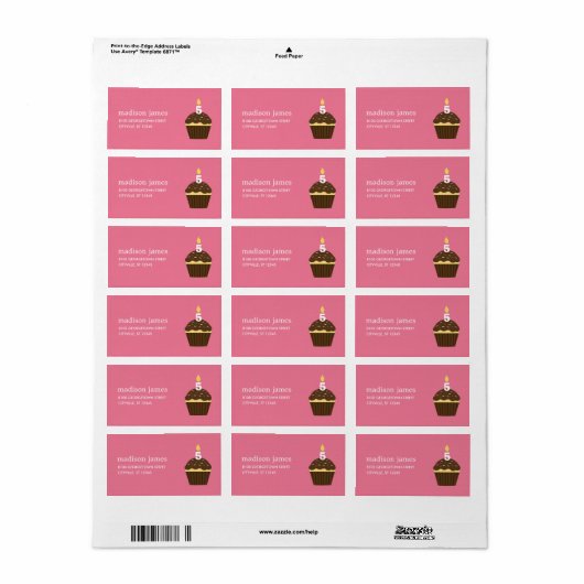 Cupcake adreslabel - roze etiket (Full Sheet)