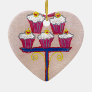 Cupcake Art Print met kersen en roze achtergrond Keramisch Ornament