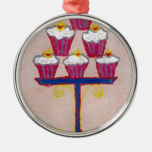 Cupcake Art Print met kersen en roze achtergrond Metalen Ornament