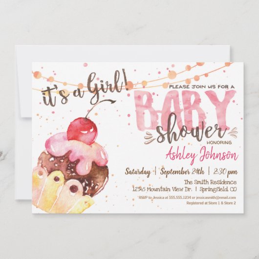 Cupcake Baby shower uitnodiging, het is een meisje Kaart (Voorkant)