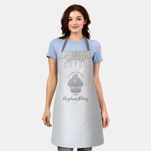 Cupcake Bakery Chic Sliver Glitter Drift Script Schort (Gedragen)