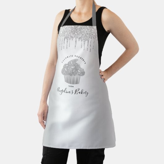 Cupcake Bakery Chic Sliver Glitter Drift Script Schort (Insitu)