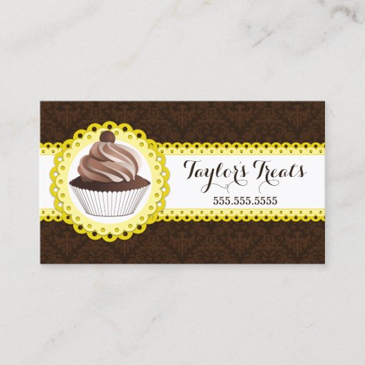 Cupcake Bakery Damask Scalloped Border Visitekaartje (Voorkant)