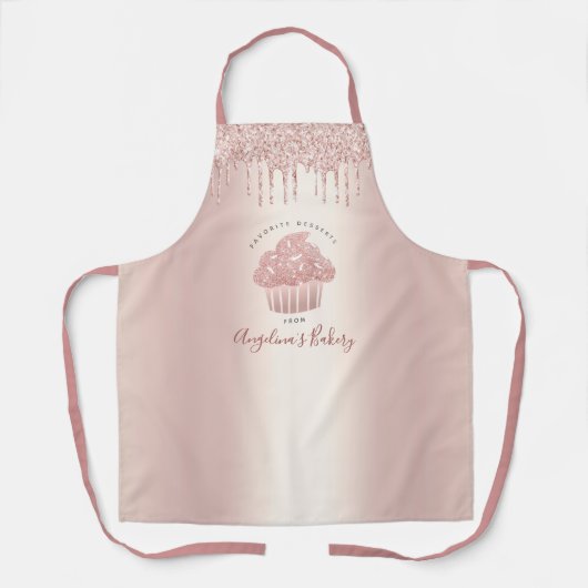 Cupcake Bakery Roos Gold Girly Glitter Drip Script Schort (Voorkant)