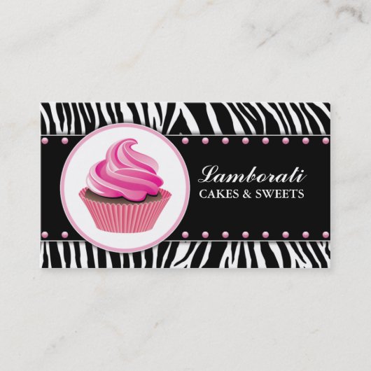 Cupcake Bakery Zebra Print Pink Elegant Moderne Visitekaartje (Voorkant)