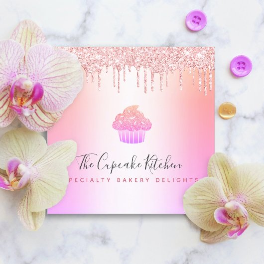 Cupcake bakkerij Chef roze regenboog Roos Glitter Vierkante Visitekaartje