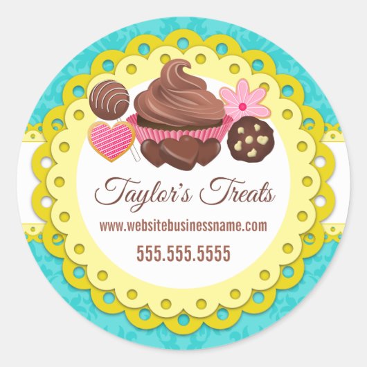 Cupcake Bakkerij Damask Gele Scallop Seals Ronde Sticker (Voorkant)