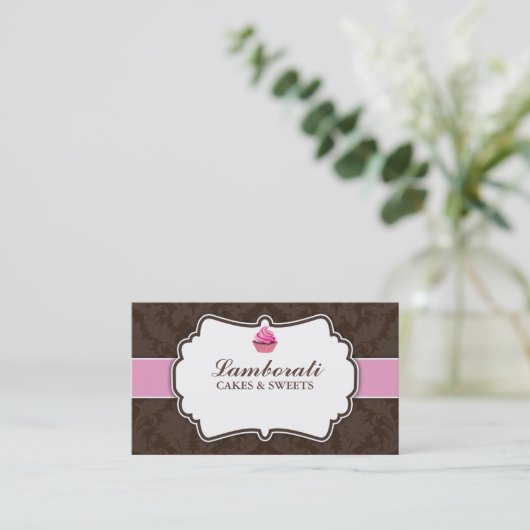 Cupcake bakkerij Elegant Damask Floral Pattern Visitekaartje (Staand voorkant)