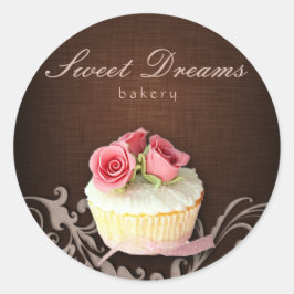 Cupcake Bakkerij Sticker Linnen Bruin Roze Rozen