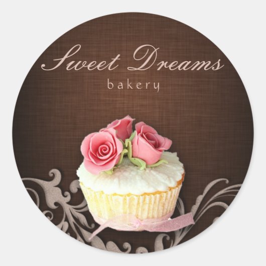 Cupcake Bakkerij Sticker Linnen Bruin Roze Rozen (Voorkant)