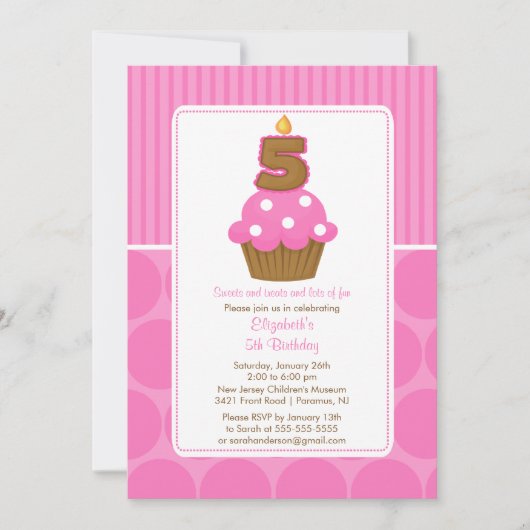 Cupcake Birthday Invitation 5th Birthday Pink Kaart (Voorkant)