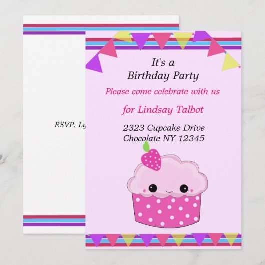 Cupcake Birthday Party Kaart (Voorkant / Achterkant)