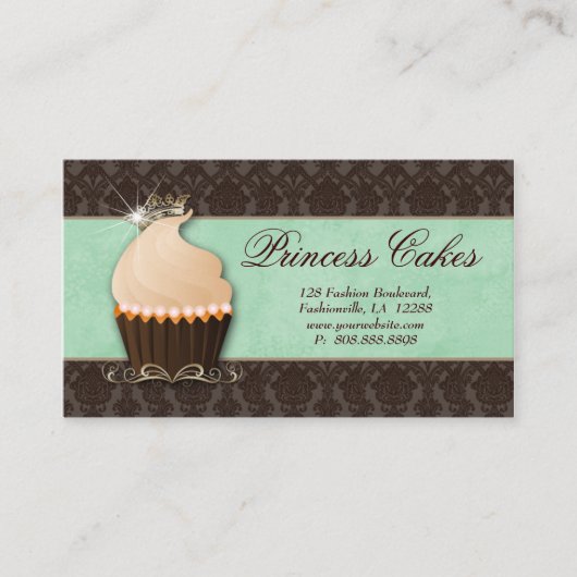 Cupcake Carte de visite Couronne Mint Brown Damask (Devant)
