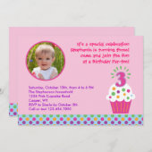 Cupcake - Derde verjaardag Fotouitnodiging Kaart (Voorkant / Achterkant)