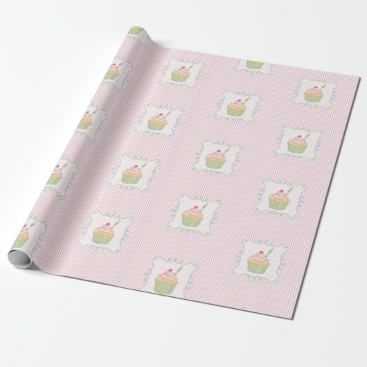 Cupcake en roze strepen Leuk Eetbaar Cadeaupapier (Uitgerold)