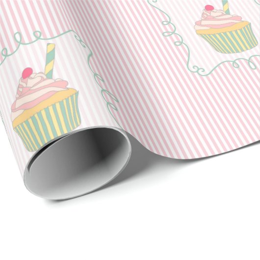 Cupcake en roze strepen Leuk Eetbaar Cadeaupapier (Rol Hoek)