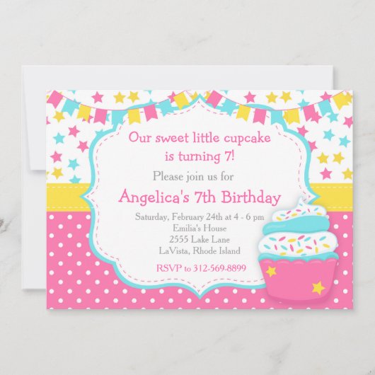 Cupcake en Sprinkles Roze Verjaardagsfeest Kaart (Voorkant)