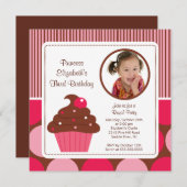 Cupcake Foto van Birthday Uitnodiging Cherry Pink  (Voorkant / Achterkant)