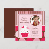 Cupcake Foto van Birthday Uitnodiging Roze Polka D (Voorkant / Achterkant)