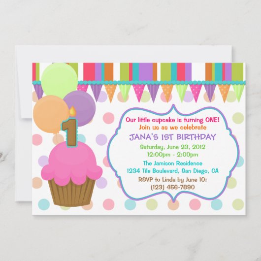 Cupcake joli et coloré Invitation d'anniversaire [ (Devant)