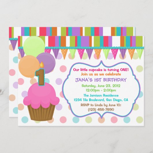 Cupcake joli et coloré Invitation d'anniversaire [ (Devant / Derrière)