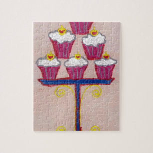 Cupcake-kunstprint met kers en roze achtergrond legpuzzel