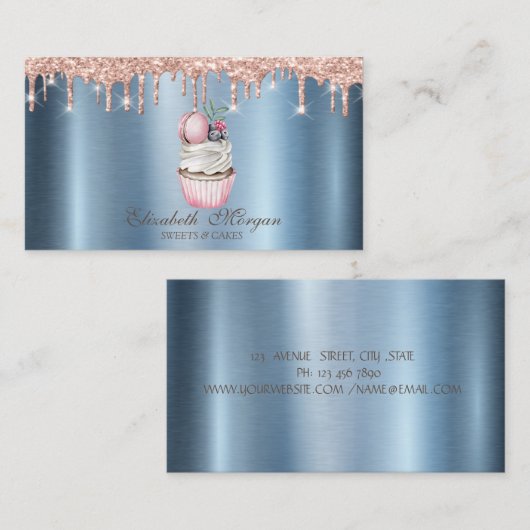 Cupcake Macaroon Glitter Drift Blue Metallic Visitekaartje (Voorkant / Achterkant)