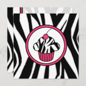 Cupcake met Cherry Invitation - Zebra Print /Pink Kaart (Voorkant / Achterkant)