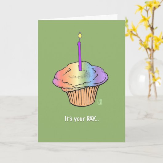 Cupcake met kaars Verf de stad van Birthday Kaart (Gele Bloem)