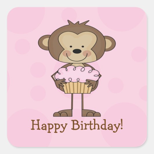 Cupcake Monkey Happy Birthday Square Sticker (Voorkant)