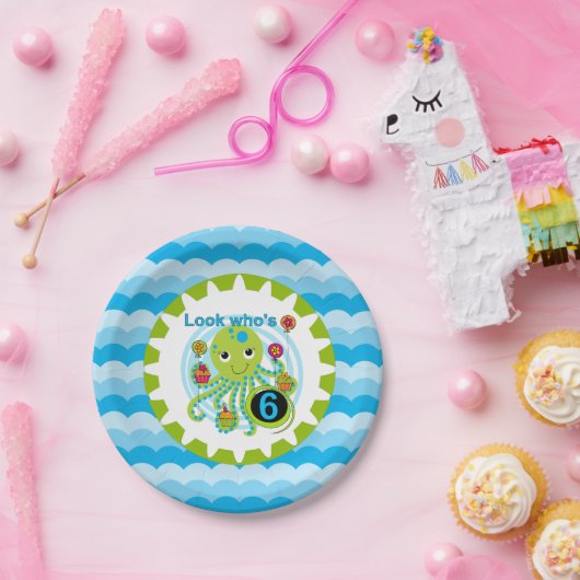 Cupcake Octopus 6th Birthday Paper Borden Papieren Bordje (Feest)