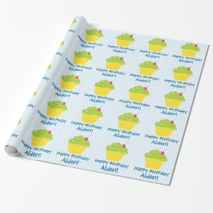 Cupcake on Blue Stripes Child Birthday Cadeaupapier