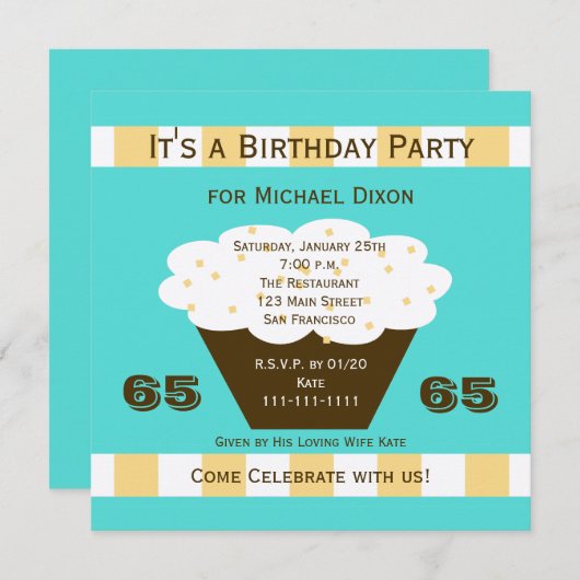 Cupcake op Aqua 65e verjaardagsfeestje uitnodiging (Voorkant / Achterkant)