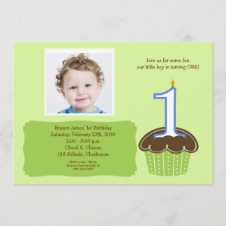 Cupcake PHOTO Birthday Invitation Babies 1st Kaart