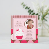 Cupcake Photo Invitation Anniversaire Pois roses (Debout devant)