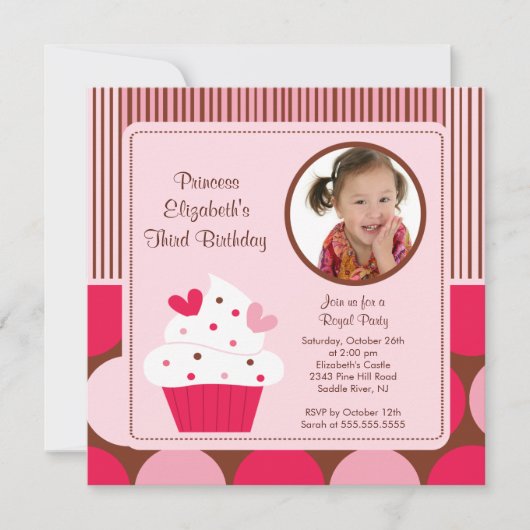 Cupcake Photo Invitation Anniversaire Pois roses (Devant)