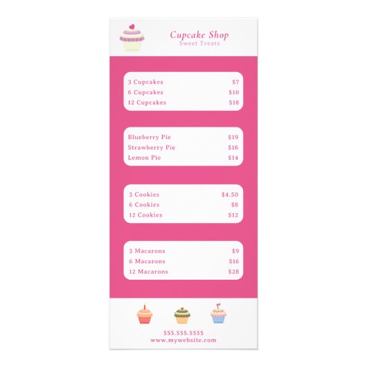 Cupcake Pink Menu & Tarifs Carte Rack (Devant)