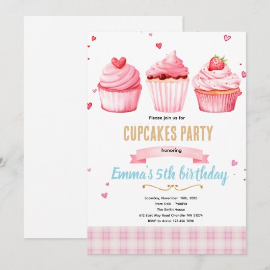Cupcake pink party theme invitation (Devant / Derrière)