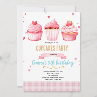 Cupcake pink party theme invitation kaart