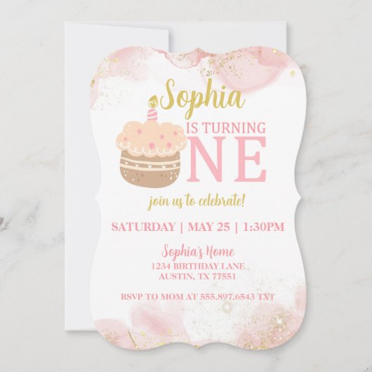 Cupcake rose 1er anniversaire Invitation (Devant)