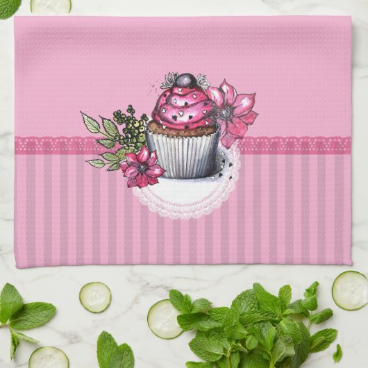 Cupcake rose avec fleurs Serviette de cuisine (Plié)