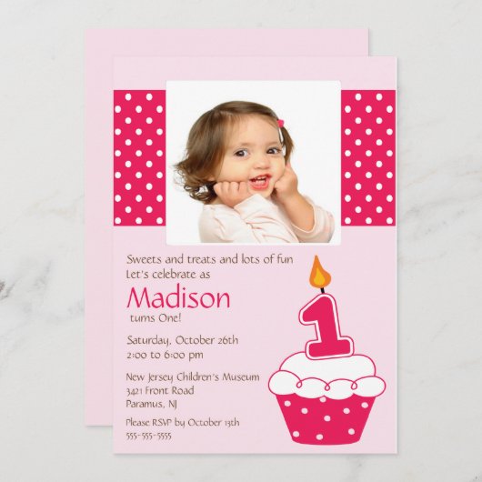 Cupcake rose - Invitation d'anniversaire (Devant / Derrière)