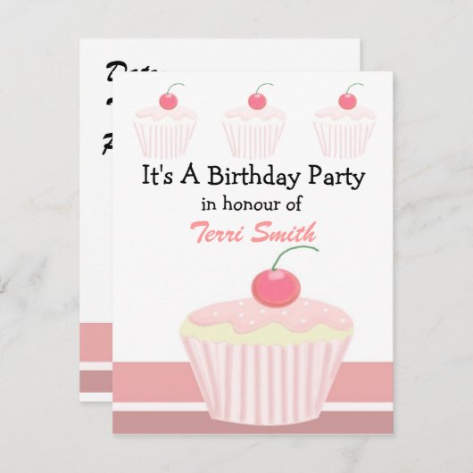Cupcake rose Invitation d'anniversaire (Devant / Derrière)