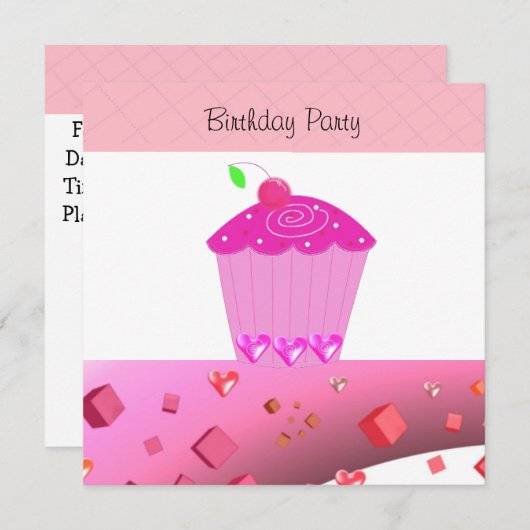 Cupcake rose Invitation d'anniversaire (Devant / Derrière)