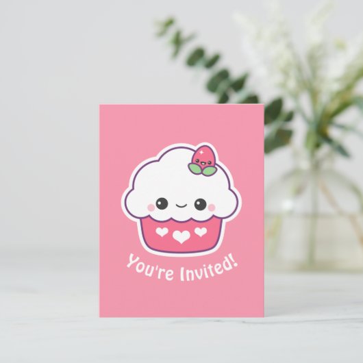 Cupcake rose mignonne Invitations de fête d'annive (Debout devant)