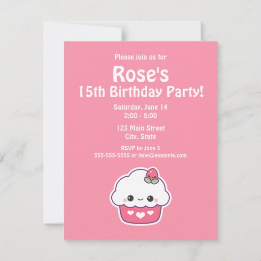 Cupcake rose mignonne Invitations de fête d'annive (Dos)