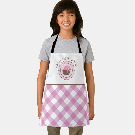Cupcake Roze en Wit Plaid Aangepaste Naam Schort (Insitu)