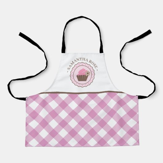 Cupcake Roze en Wit Plaid Aangepaste Naam Schort (Voorkant)